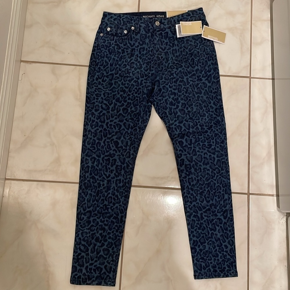NWT Michael Kors Womens Blue High-Rise Skinny Leopard Denim Jeans Pants Size 6 P